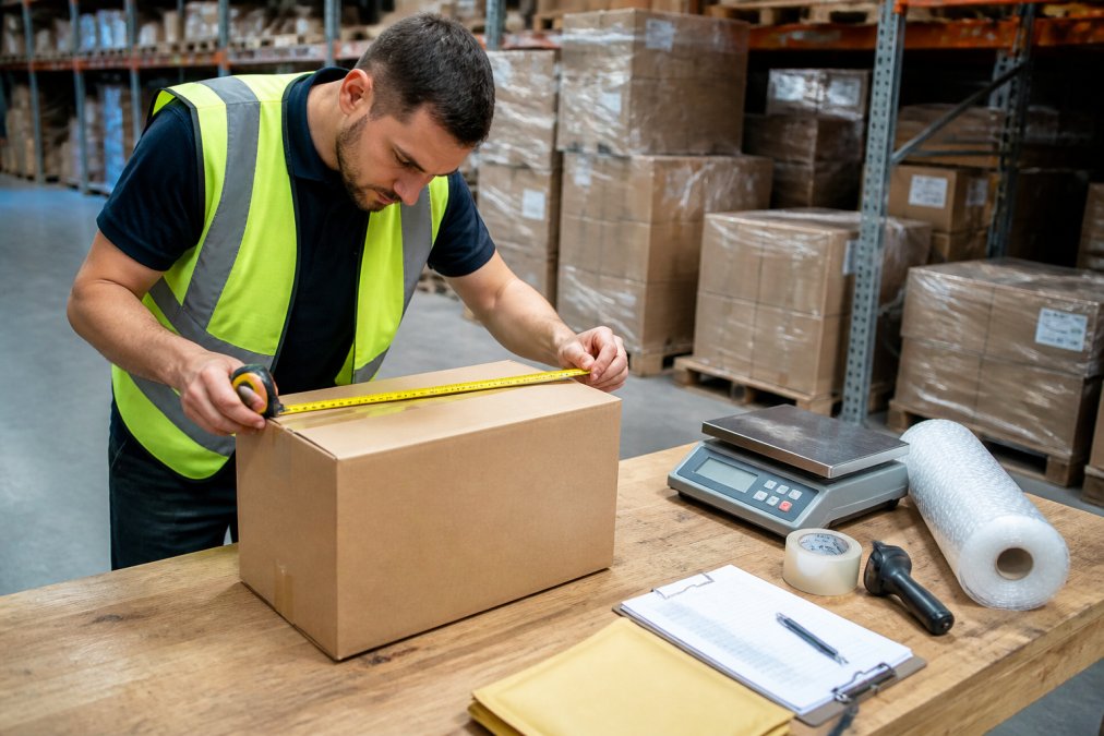 Warehouse worker measuring a cardboard box with a tape measure on a wooden table, with shipping labels, packing materials, and a digital scale visible nearby in bright warehouse lighting