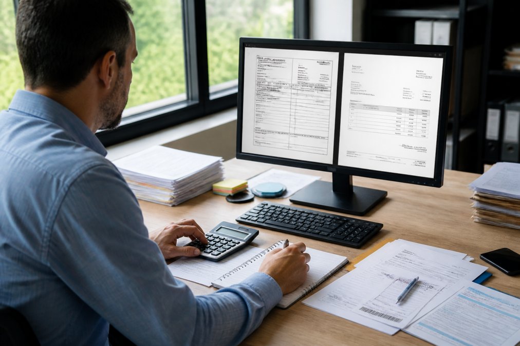 Logistics manager reviewing multiple freight bills and shipping documents on a computer screen with a calculator and notepad at a desk with natural window lighting