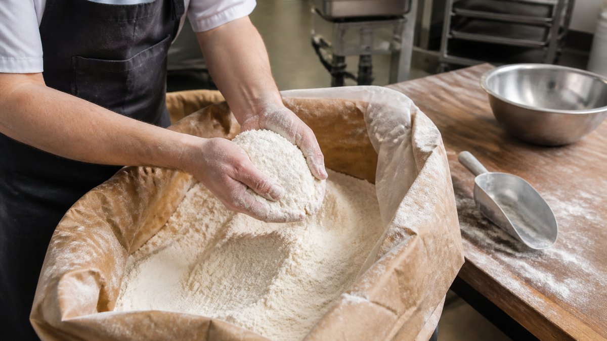 A baker's hands scooping flour from a large open bulk bag in a professional kitchen, inspecting the texture and color under bright overhead light