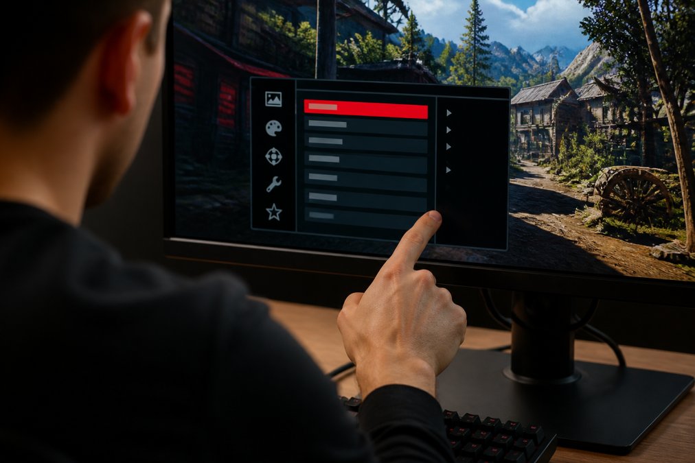 Close-up of a gamer's hand adjusting the settings menu on a modern gaming monitor displaying a colorful on-screen display (OSD) interface, with the room dimly lit by the monitor's glow