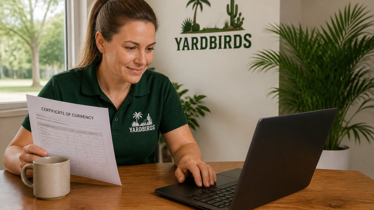 Professional gardener holding printed certificate of currency document while reviewing insurance details on a laptop showing insurance company website
