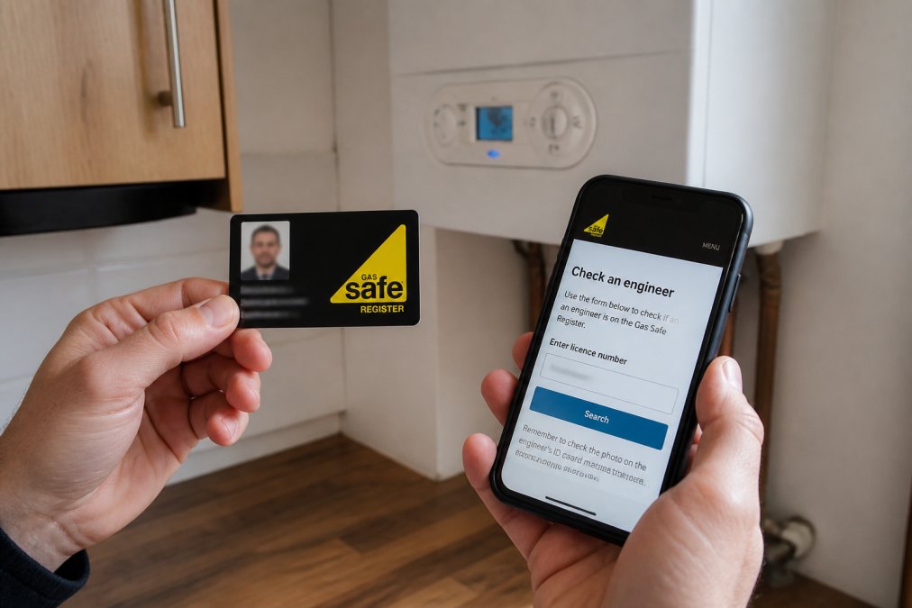 Close-up of a homeowner's hands holding a Gas Safe ID card next to a smartphone showing the online register, with a boiler visible in the background of a kitchen