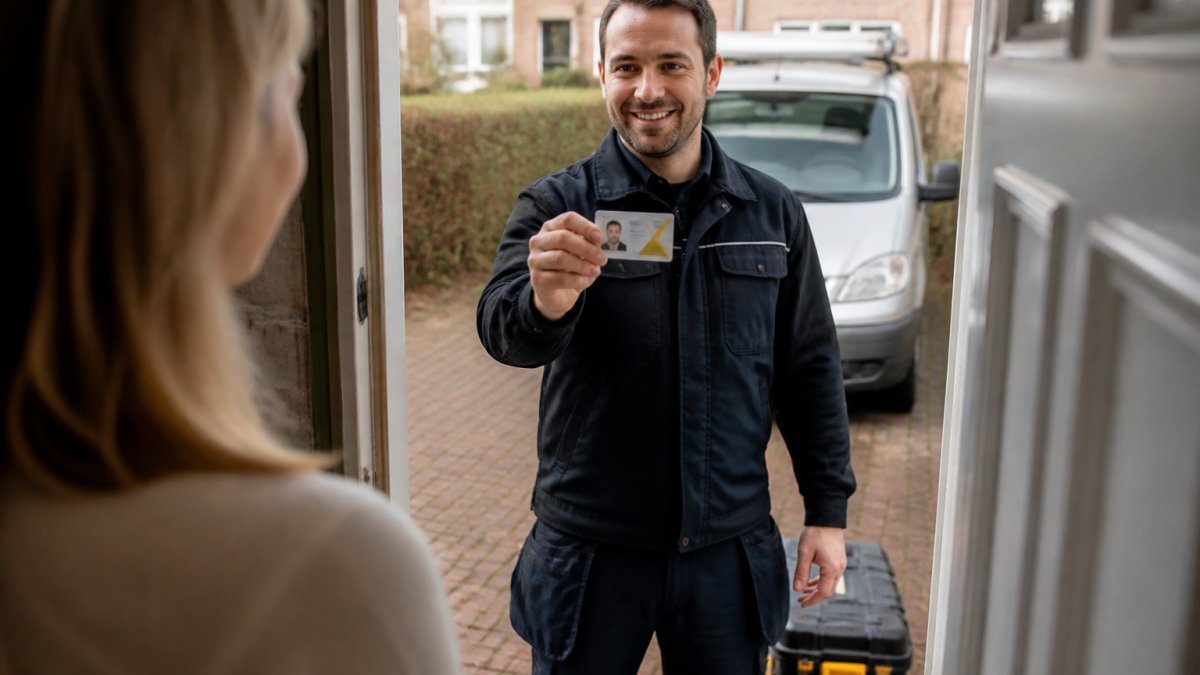 A heating engineer in workwear holding up a Gas Safe ID card for a homeowner to inspect at their front door, with a toolbox visible on the doorstep