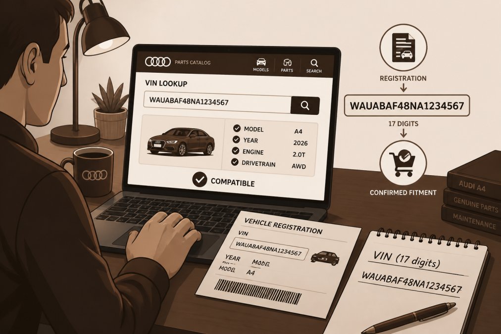 Person using a laptop to look up a VIN on an automotive parts catalog website, with a printed vehicle registration document and a notepad showing a handwritten 17-digit VIN number nearby, warm desk lamp lighting in a home office setting