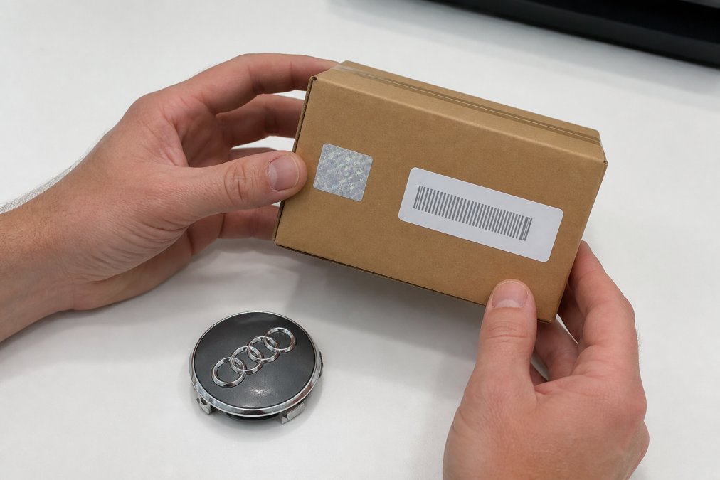 Hands holding an Audi OEM part box in natural lighting, examining the hologram sticker, serial number label, and embossed branding details on the cardboard packaging against a clean white surface