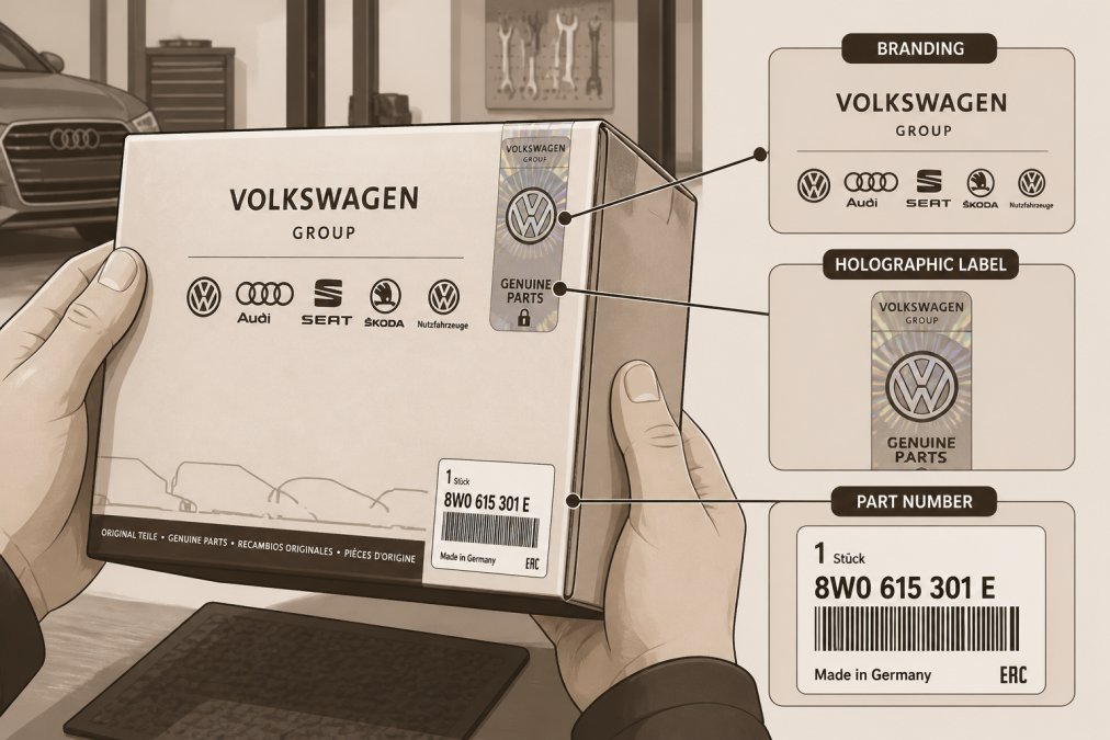 Close-up of hands holding a genuine Audi OEM parts box, showing crisp Volkswagen Group branding, holographic label, and standardized part number printed clearly on the packaging, under bright workshop lighting