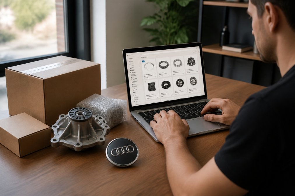 Person at a desk with a laptop displaying an online parts catalog interface, with genuine Audi components and their original packaging visible on the desk beside the computer, natural office lighting