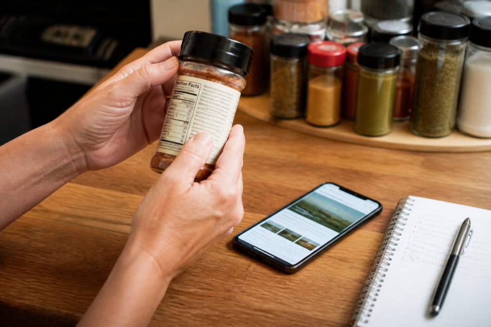 Close-up of hands holding a glass spice jar and reading the fine print on the back label, with a smartphone on the kitchen counter displaying a manufacturer website