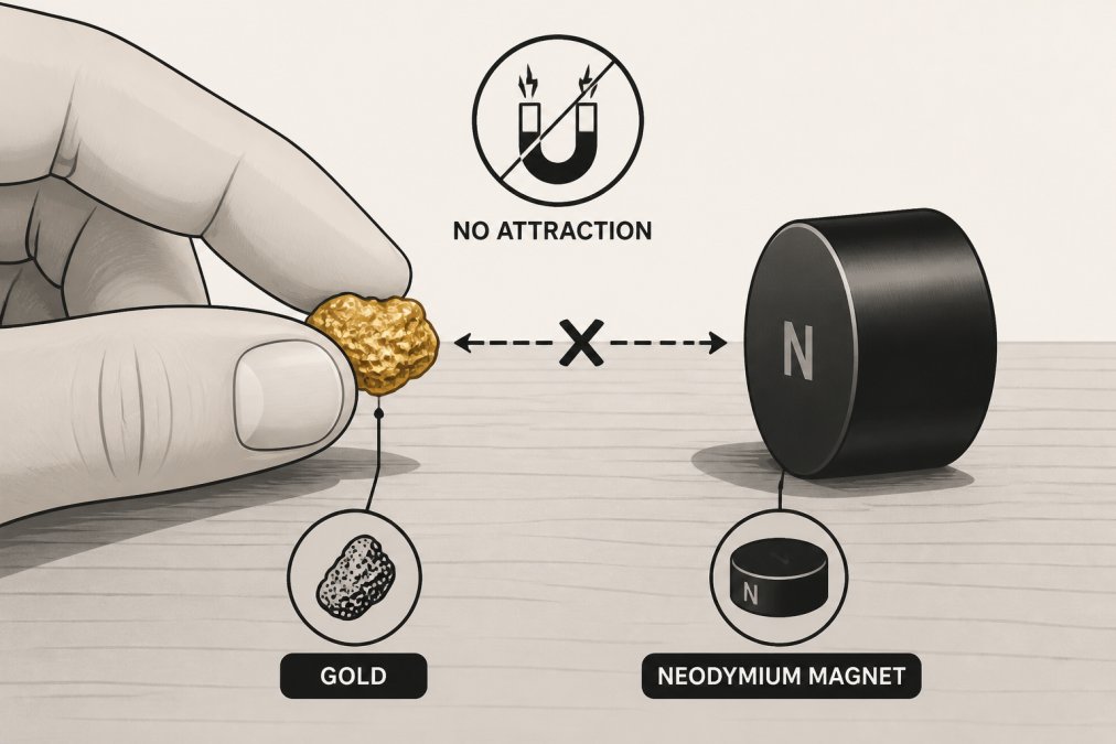 Close-up of a hand holding a small piece of raw placer gold flake next to a strong neodymium magnet on a wooden surface, showing no magnetic attraction