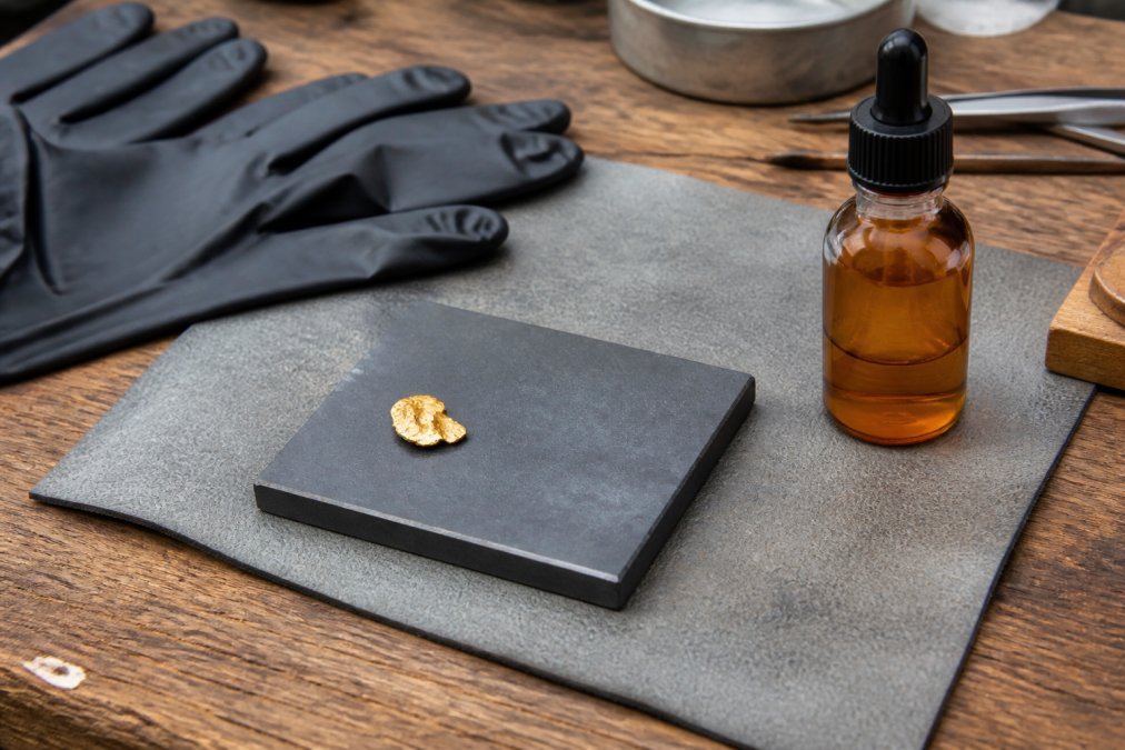 A black ceramic streak plate and a small amber bottle of nitric acid solution from a gold acid test kit laid out on a protective mat, with safety gloves nearby