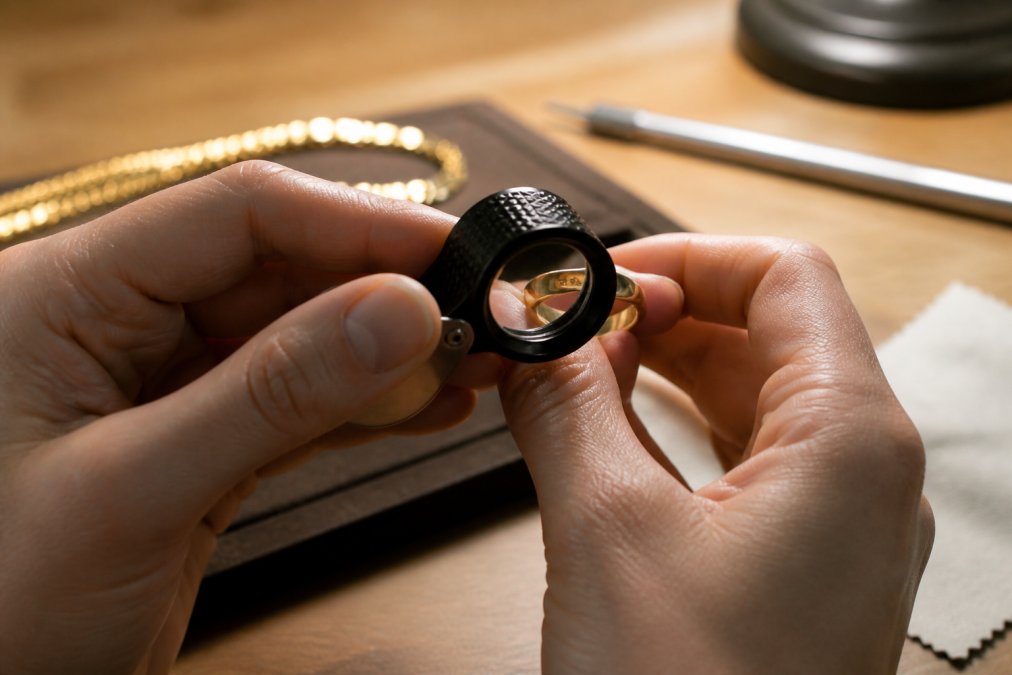 Person using a jeweler's loupe to verify gold jewelry by checking the hallmark stamp on a ring band