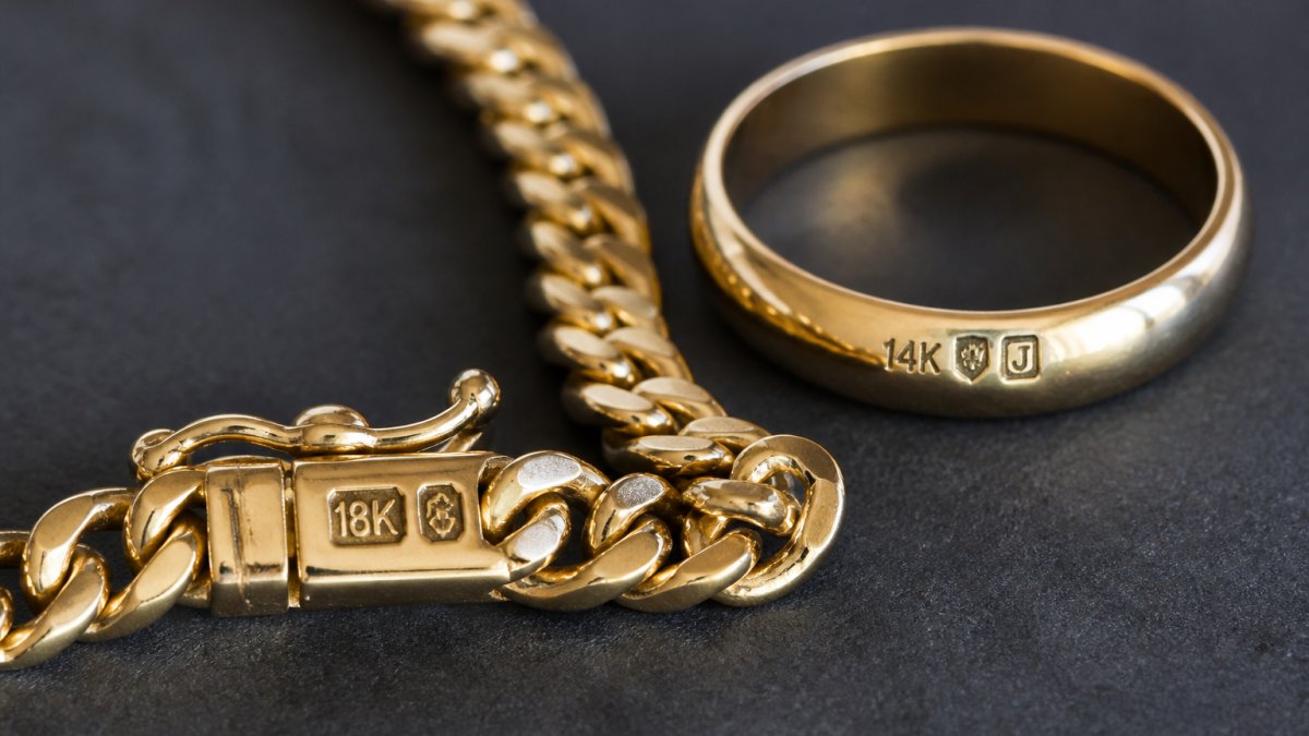 Close-up of a gold ring and bracelet showing clear karat stamps (14K, 18K), maker's marks, and hallmarks under bright studio lighting against a dark background