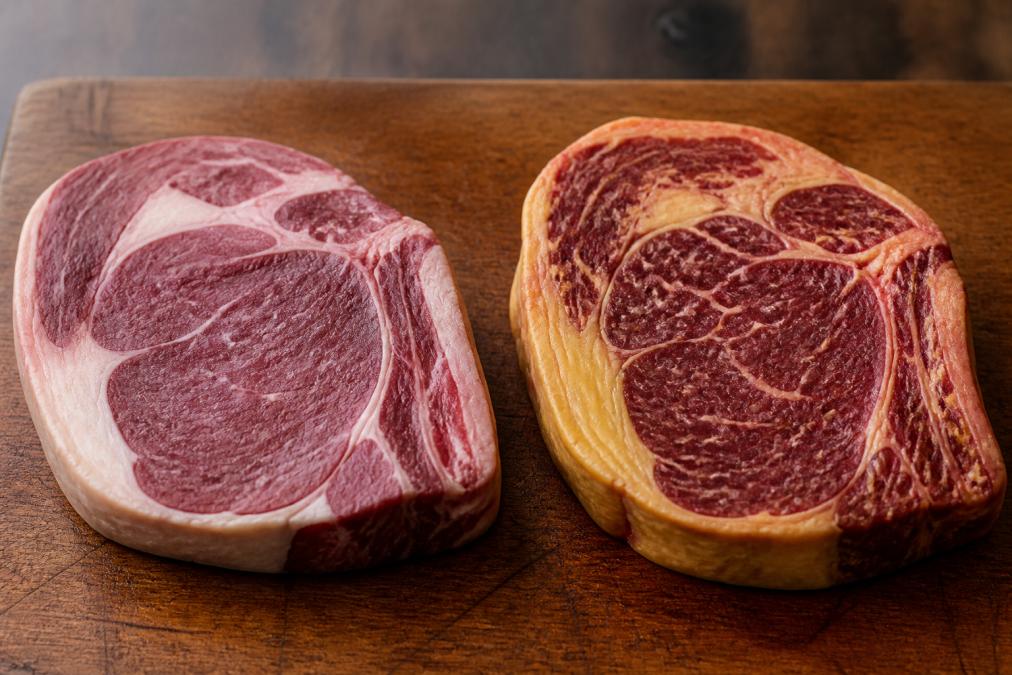 Close-up photo of two raw beef steaks side by side on a wooden cutting board, one with pale white fat and one with yellow-tinted fat, natural kitchen lighting