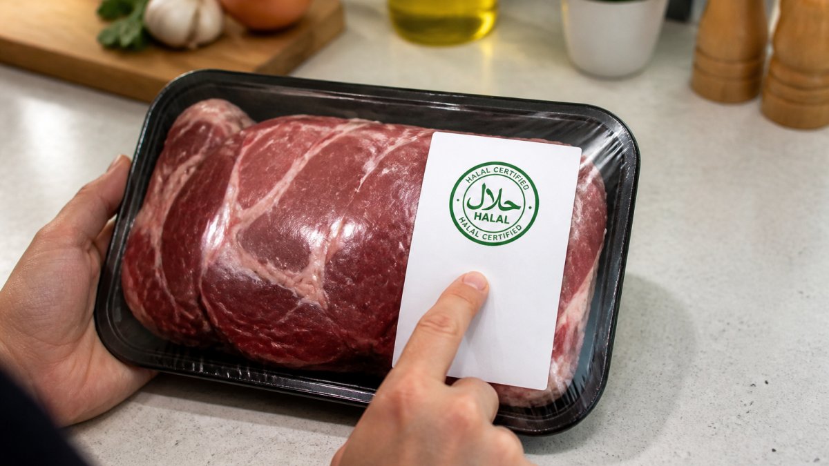 Close-up of packaged halal meat product with visible certification logo on white label, displayed against clean kitchen counter background with natural lighting
