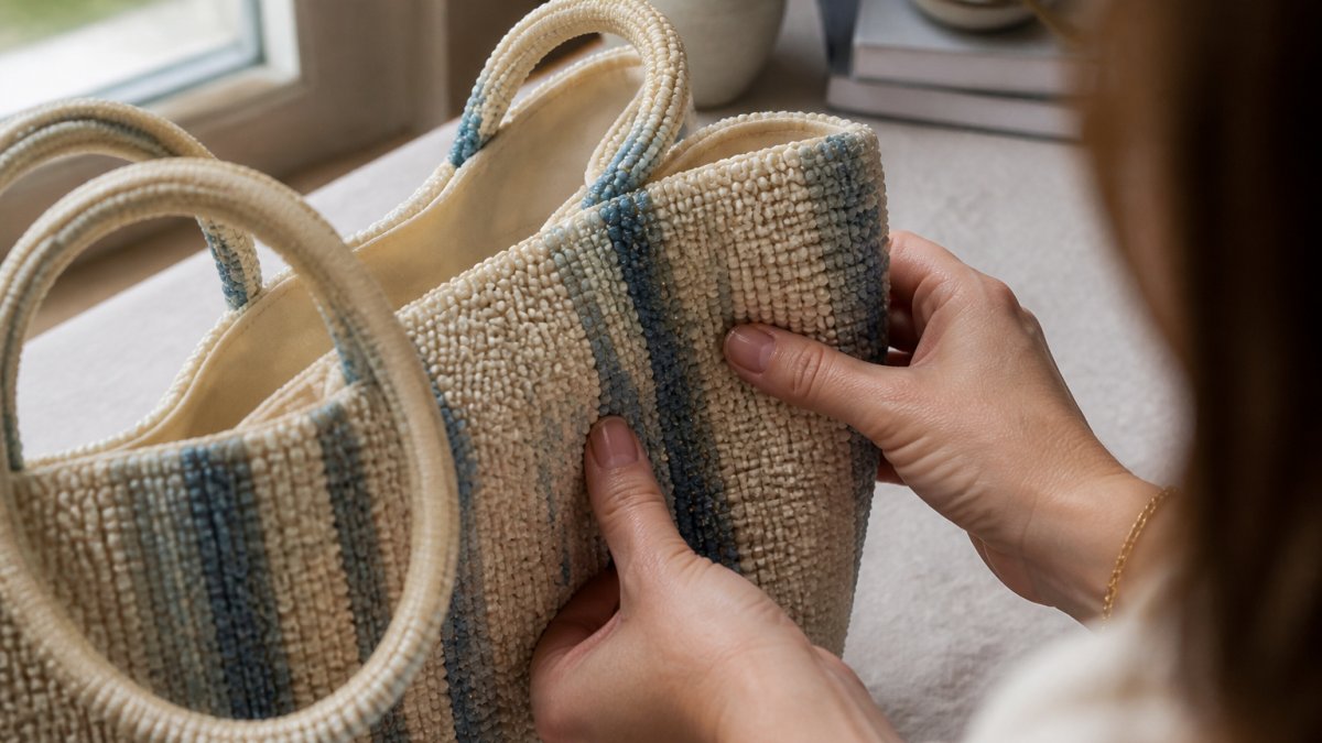 Close-up of hands examining a beaded artisan tote bag, showing detailed stitching and texture with natural window lighting
