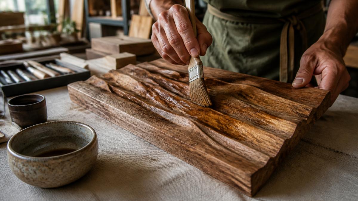 Close-up of hands applying finish to wooden decor piece with visible brush strokes and organic surface texture variations, natural studio lighting highlighting artisan craftsmanship details