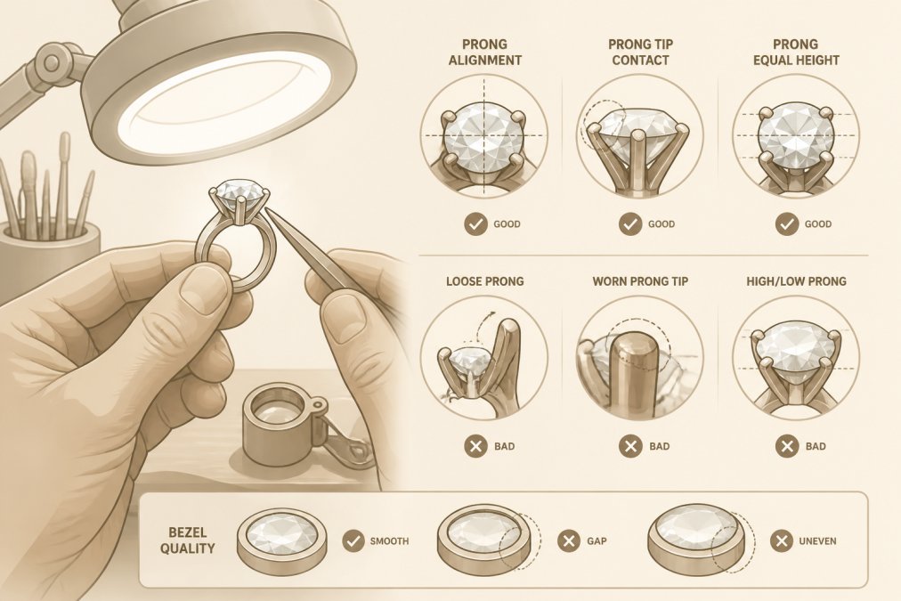 Close-up of jeweler's hands examining a diamond engagement ring under bright magnification lamp, showing detailed prong alignment and metal finish in professional jewelry workspace