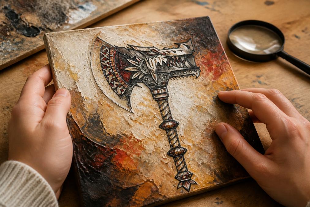 Close-up of hands examining an original oil painting, showing visible brushstrokes and paint texture details under warm natural light, with a magnifying glass positioned nearby on a wooden art table