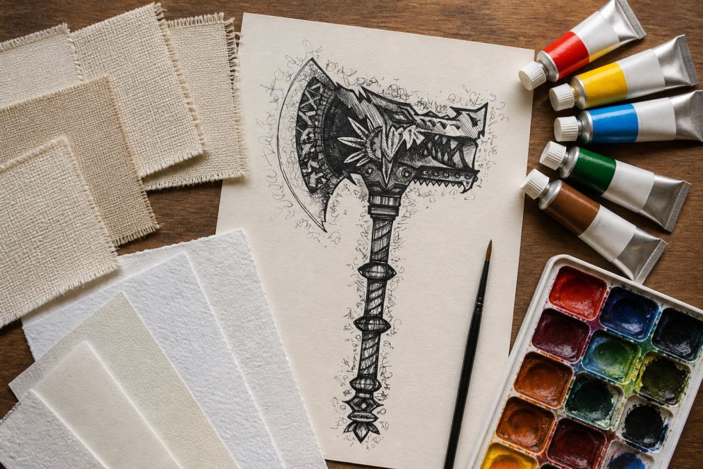 Flat lay of art materials including multiple canvas swatches showing different weaves, paint tubes in various colors, watercolor paper samples of different weights and textures, and a hand-painted piece displaying rich pigment quality and color depth