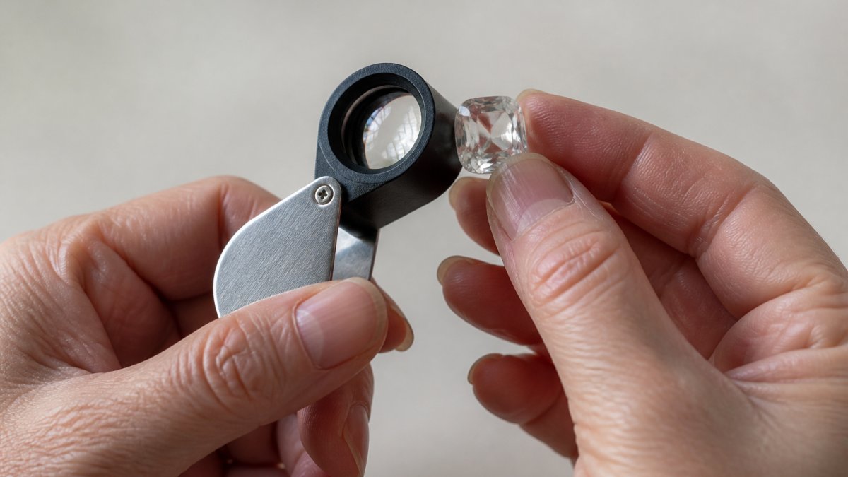 Close-up of hands holding a jeweler's loupe examining a clear crystal stone against a neutral background, showing the inspection technique in detail