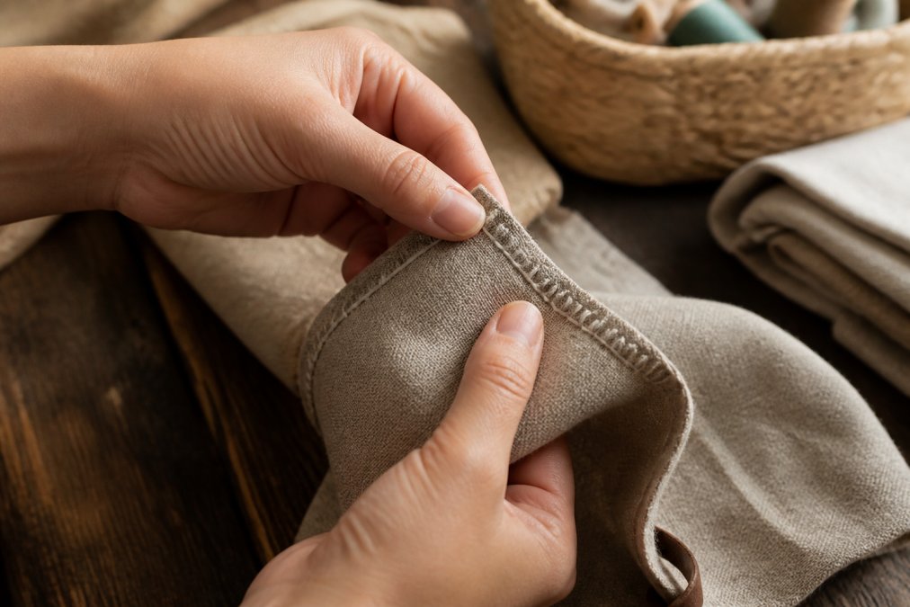 Close-up of a person's hands gently examining the stitching and edge finish of a handcrafted fabric item under natural light