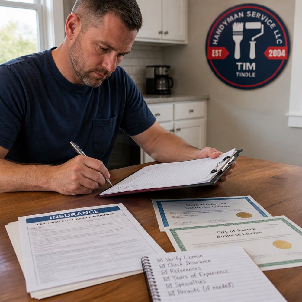 Homeowner reviewing documents and notes on a clipboard at a kitchen table, with insurance papers, license copies, and a written list visible