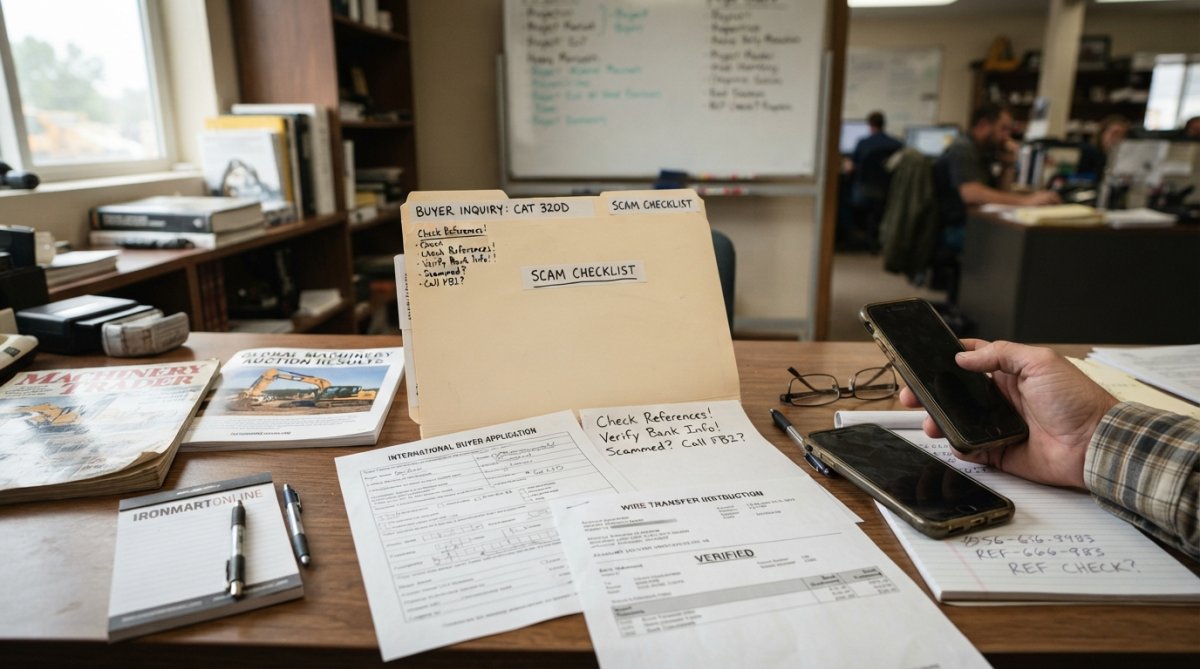 Person at a desk reviewing documents and checking information on a computer screen, with paperwork and a phone visible, representing due diligence research