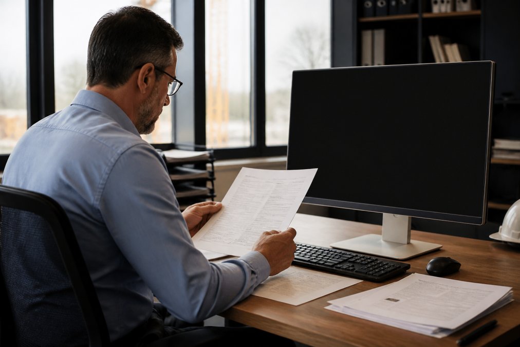 Professional construction manager reviewing seller documentation and business registration on computer screen in modern office with natural lighting