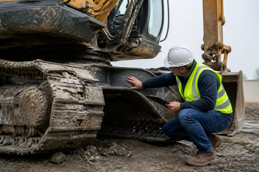 Construction equipment inspector in hard hat and safety vest performing hands-on inspection of excavator undercarriage, examining hydraulic systems and structural welds in natural daylight