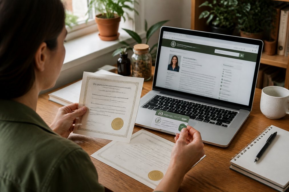 A person sitting at a well-lit wooden desk reviewing printed certificates and a professional membership card alongside an open laptop displaying a professional directory website, warm natural light from a window to the left