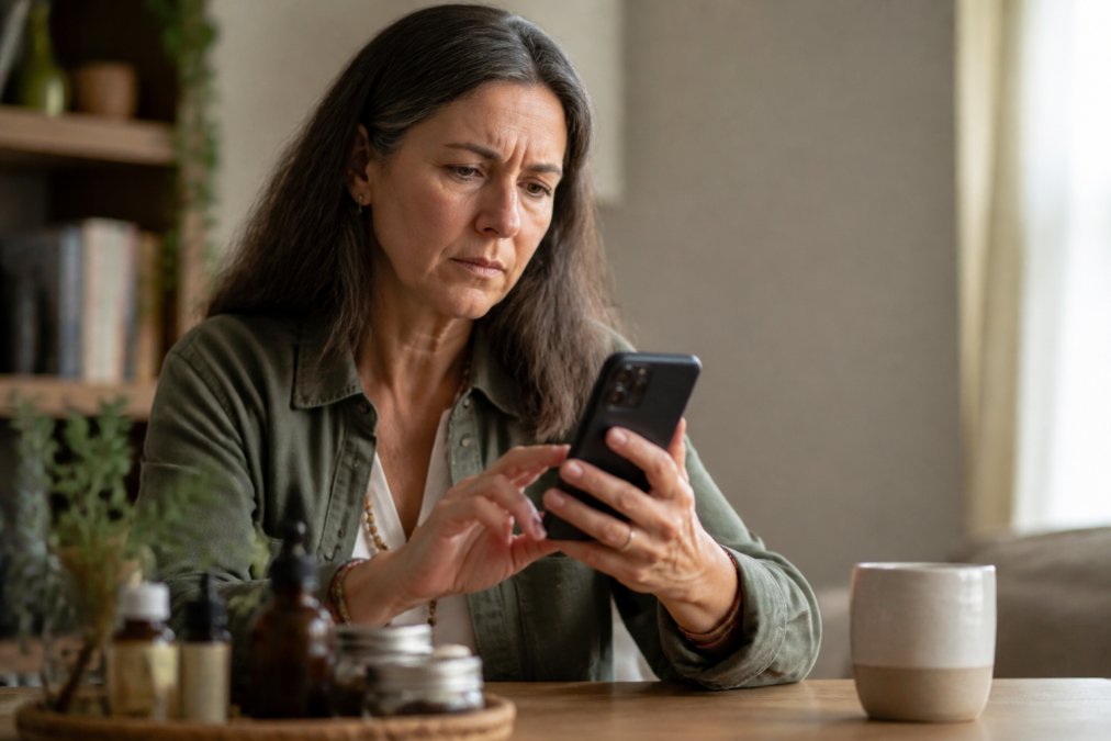 Close-up of a woman's hands scrolling through a wellness website on a smartphone, her expression thoughtful and slightly skeptical, soft natural light in a home setting with a blurred background