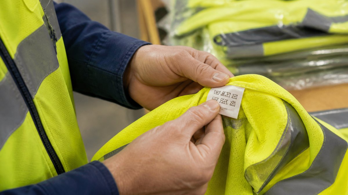 Close-up of a safety officer's hands holding a hi vis vest, examining the care and compliance label sewn inside the garment, with fluorescent yellow fabric visible