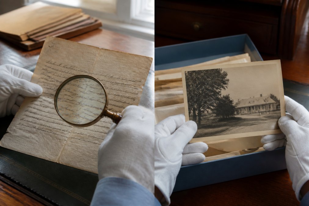Person in white gloves inspecting a vintage letter and photo to ensure historical accuracy at a wooden desk