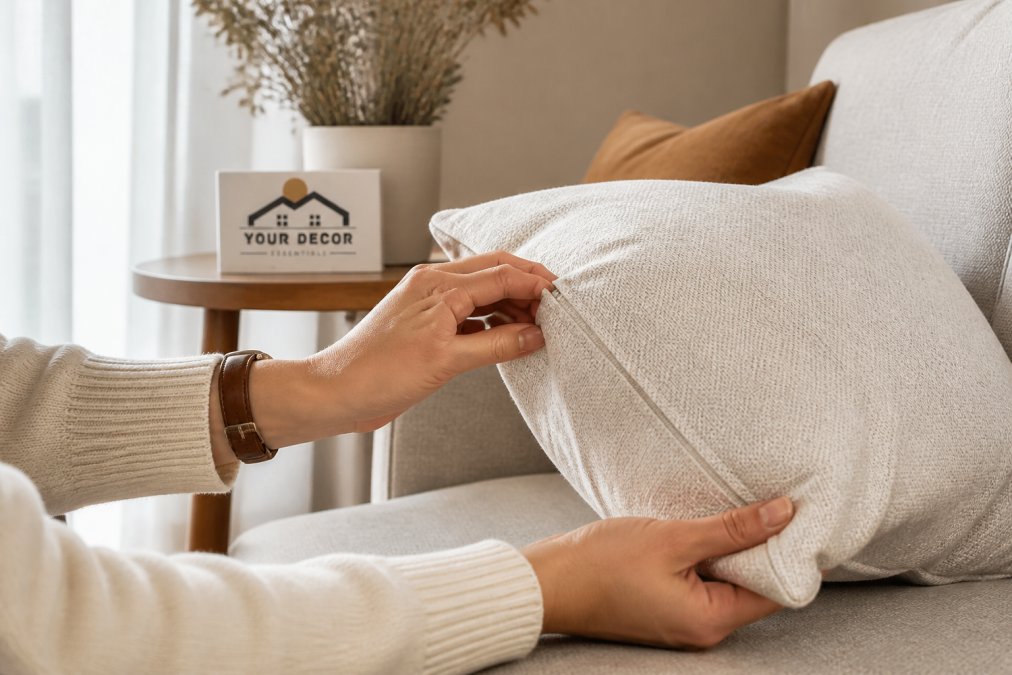 A person's hands turning over a decorative throw pillow to inspect the seams and stitching along the edge, checking the material quality in bright natural light