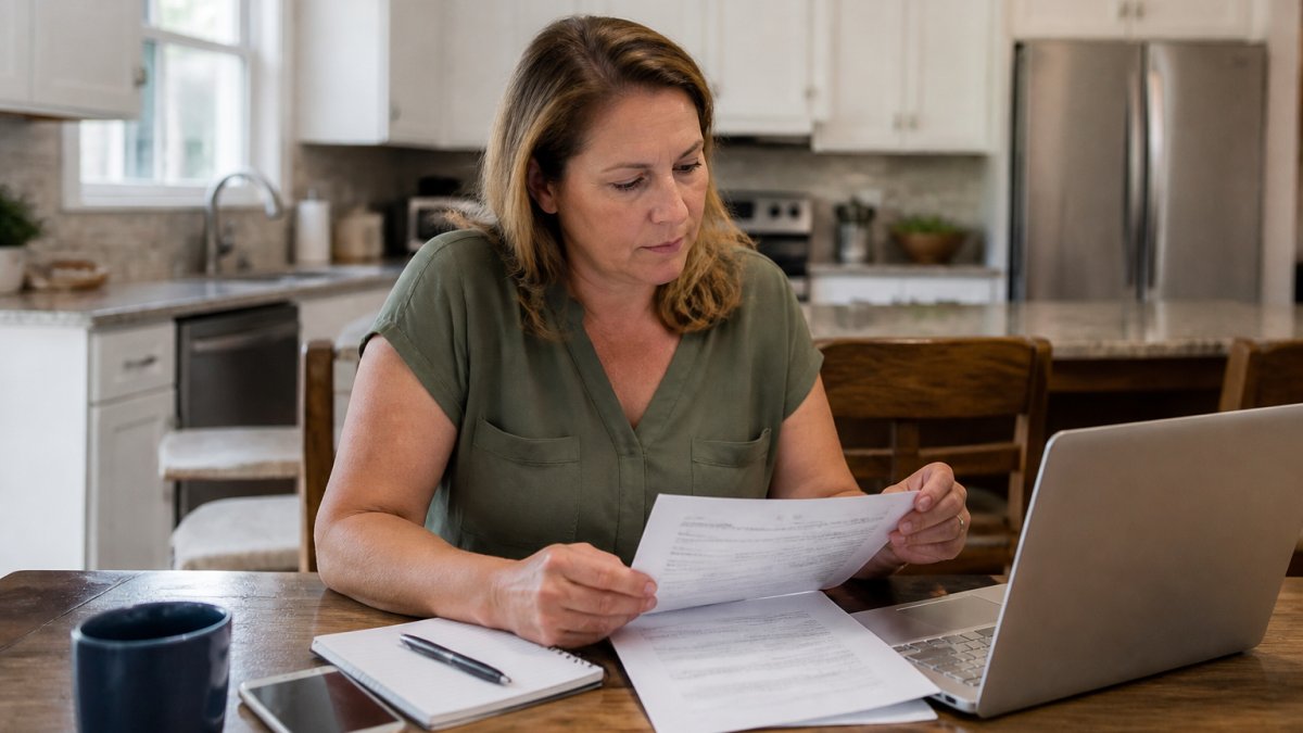A homeowner at a kitchen table reviewing a printed certificate of insurance next to a laptop and phone, with a pen and notepad nearby for taking notes during a carrier call