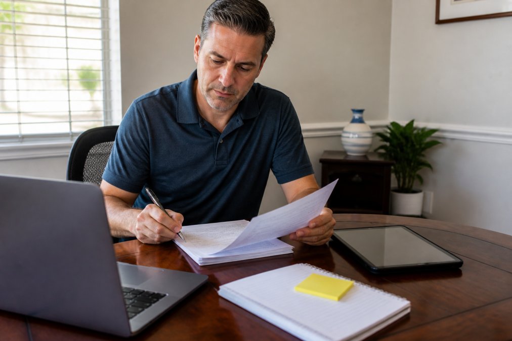 Homeowner sitting at a desk with a laptop, reviewing contractor documents and taking notes, with a tablet showing a licensing database search screen nearby