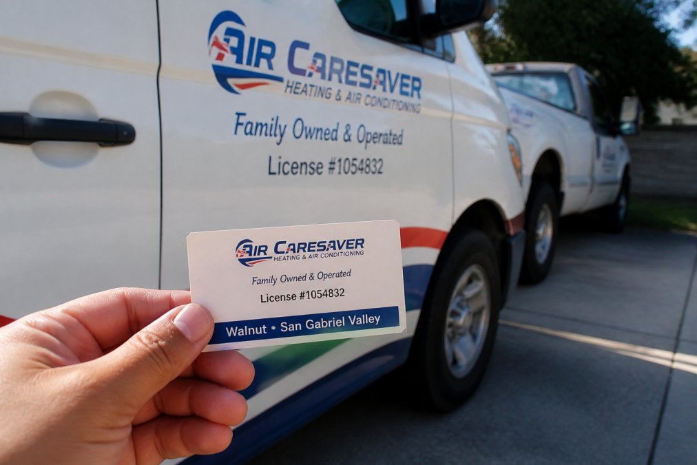 Close-up of a contractor's work vehicle and business card, showing professional licensing information and credentials on display