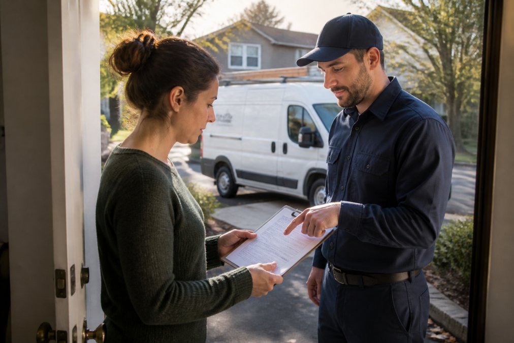 A homeowner standing at the front door reviewing a clipboard with an HVAC technician in uniform, service van visible in the driveway behind them, late afternoon light