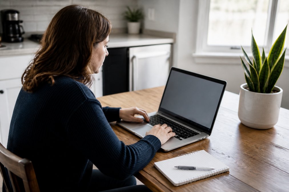 Homeowner using laptop at kitchen table to search IICRC database, with notepad beside computer for writing down technician information, natural window lighting