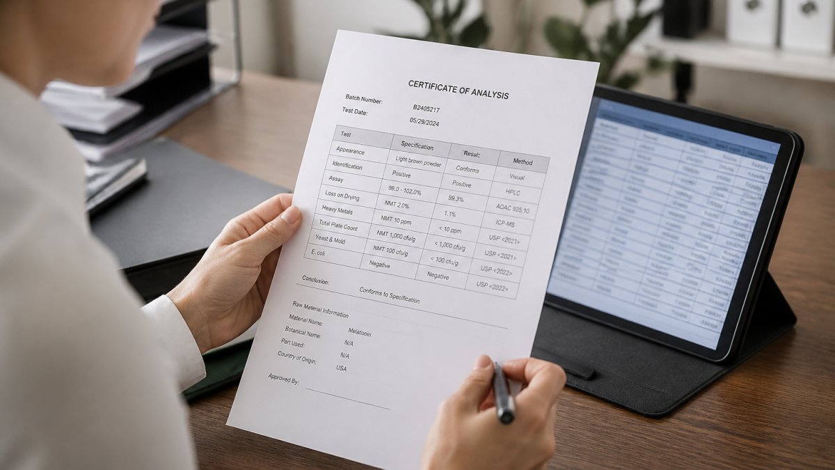 Professional holding printed certificate of analysis document with batch number and test date visible, reviewing results with tablet showing lab data nearby in modern office setting