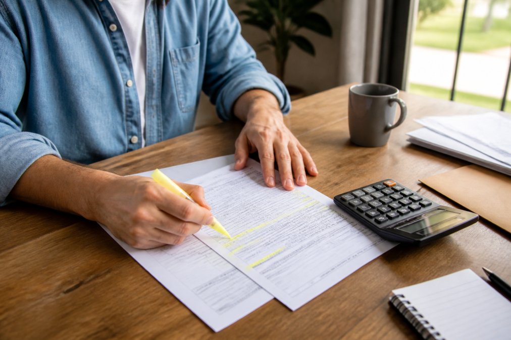 Person at a table reviewing an insurance settlement statement with a calculator, highlighting key sections with a marker or pen in bright natural lighting