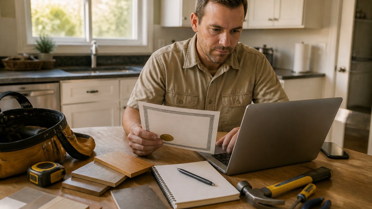 A homeowner sitting at a kitchen table with a laptop and a contractor's license document, reviewing information on a state licensing website, warm afternoon light through the window