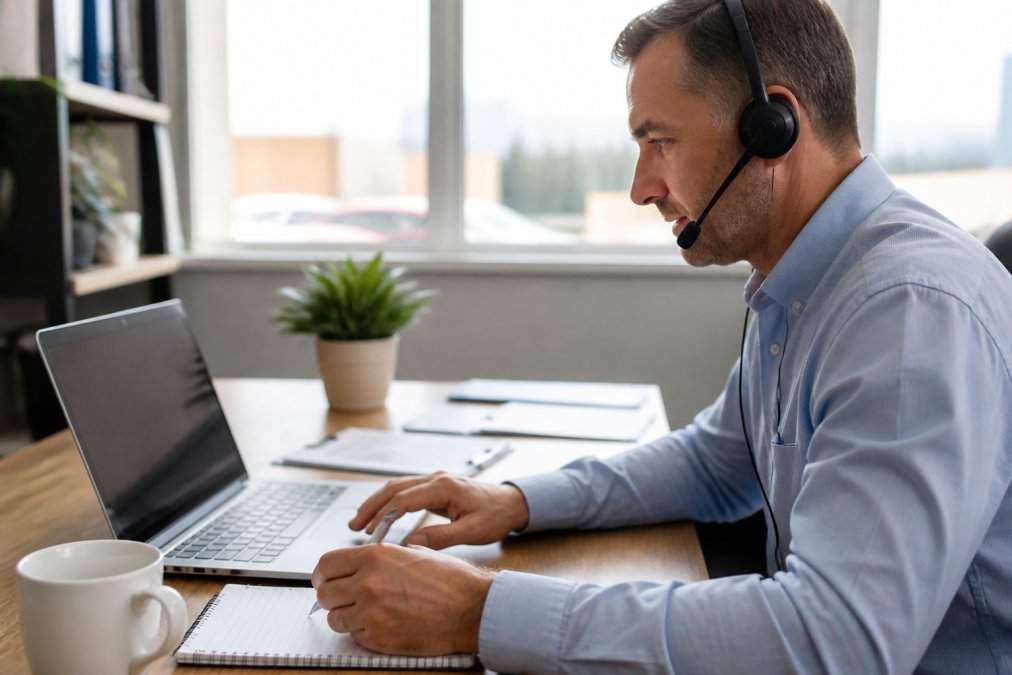 A financial advisor at a desk reviewing lead data on a laptop screen while talking on a headset, with a notepad and coffee nearby in a bright office