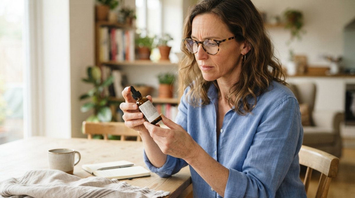 Woman's hands holding an intimate product bottle, examining the ingredient label with reading glasses, natural lighting on a white surface