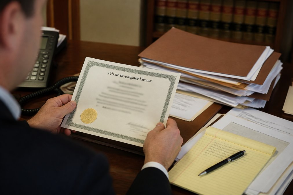A legal professional's hands reviewing a state-issued private investigator license document beside case files on a wooden desk in a law office