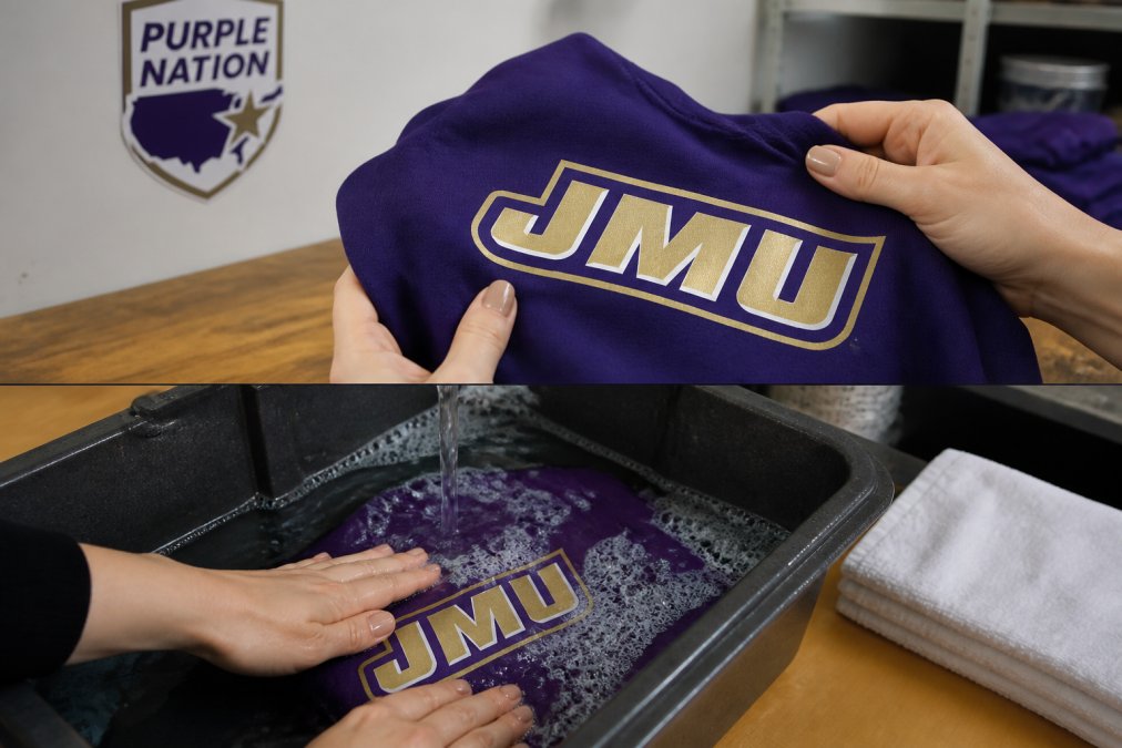 Close-up of hands examining screen-printed JMU logo on purple apparel, showing proper ink adhesion and color definition under natural lighting, with a second image showing the pre-wash simulation test being performed