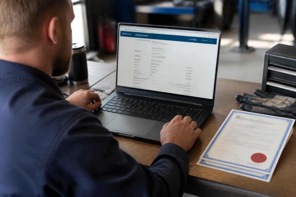 Journeyman mechanic verifying their trade certificate on a laptop at a desk with official documents nearby.