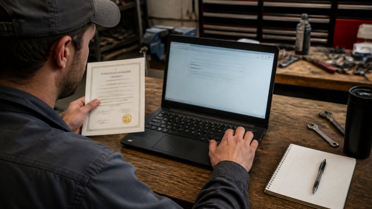 A person sitting at a desk with a laptop open to a government credential lookup website, holding a trade certificate document beside the keyboard, with a notepad and pen nearby