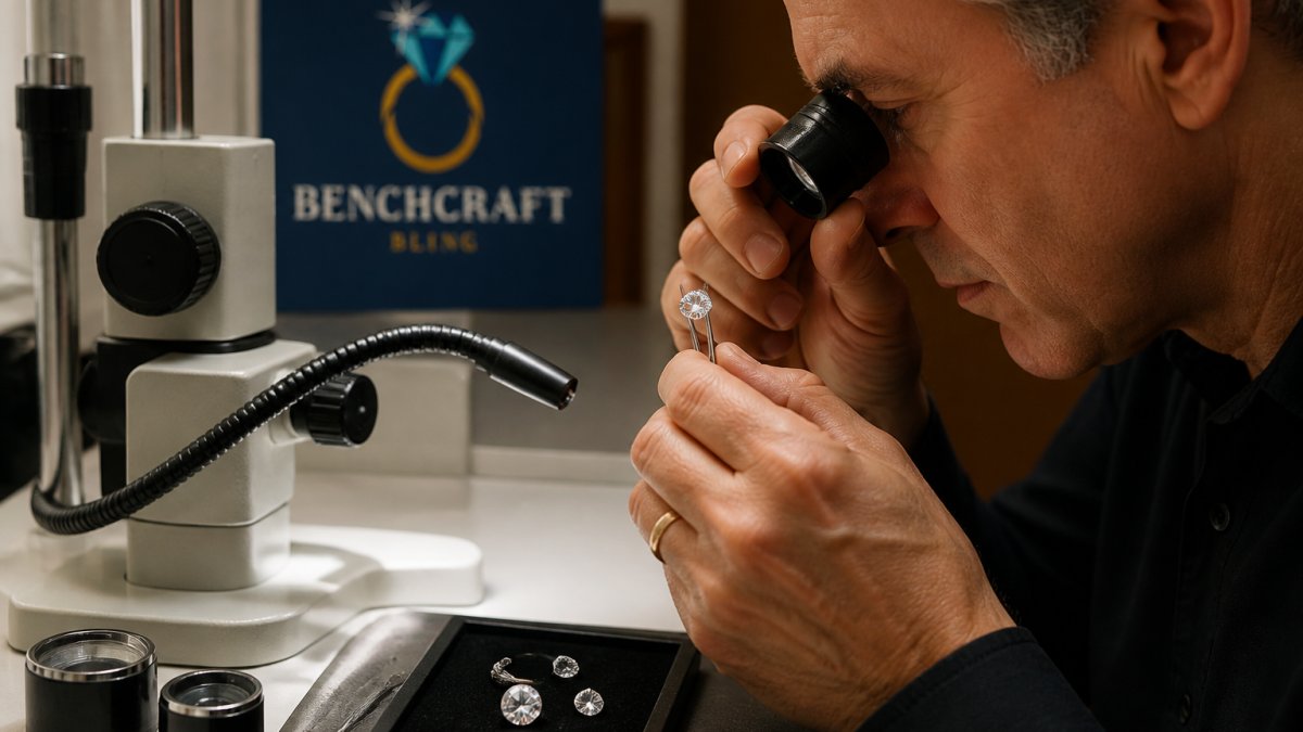 Jeweler using a professional loupe and microscope to inspect a loose diamond under bright light
