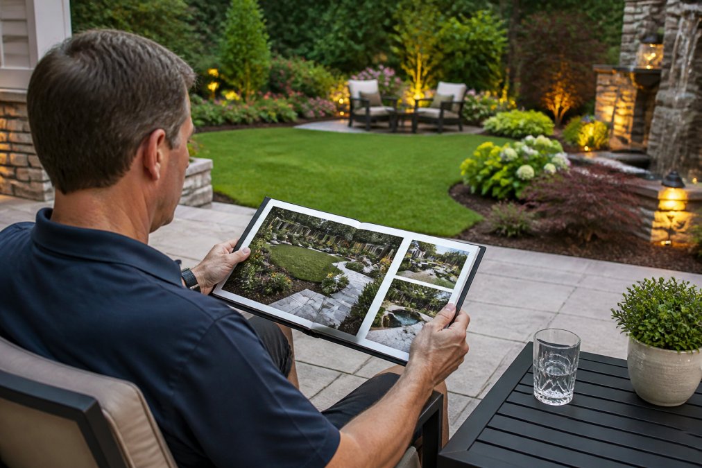 Homeowner reviewing landscape contractor's portfolio of completed residential projects on a tablet while sitting on a patio overlooking a professionally designed garden